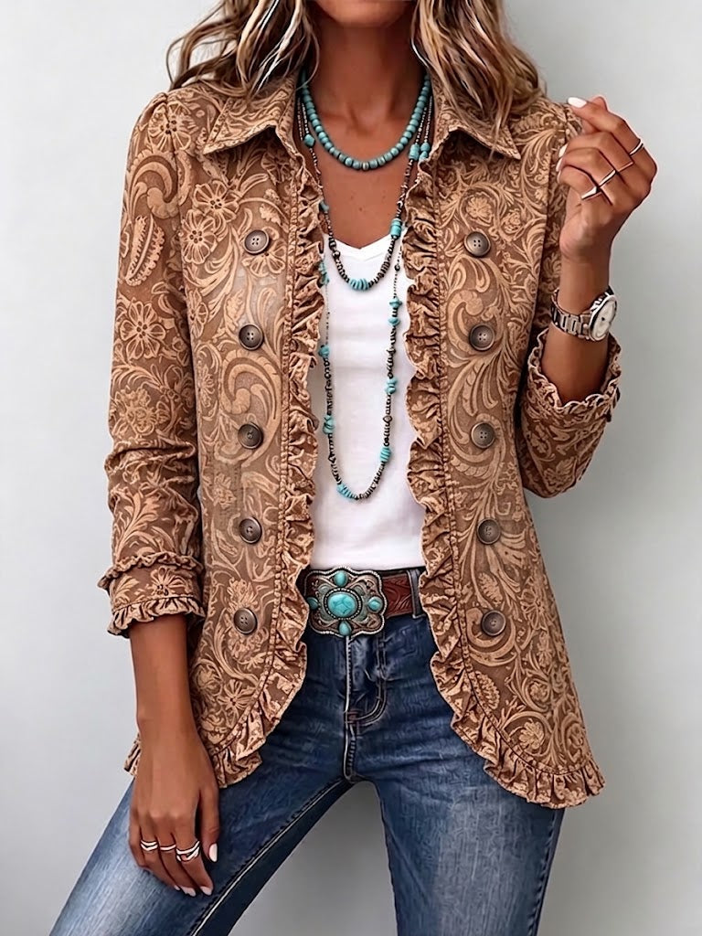 Vyclara | Vintage Bohemian Floral Print Ruffled Jacket