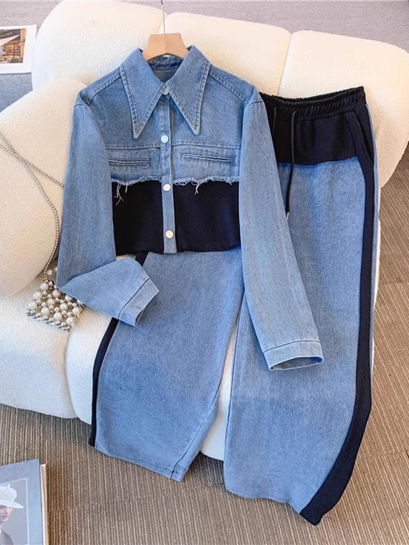 Holbrook | Color-Block Cropped Jacket & Wide-Leg Pants Set