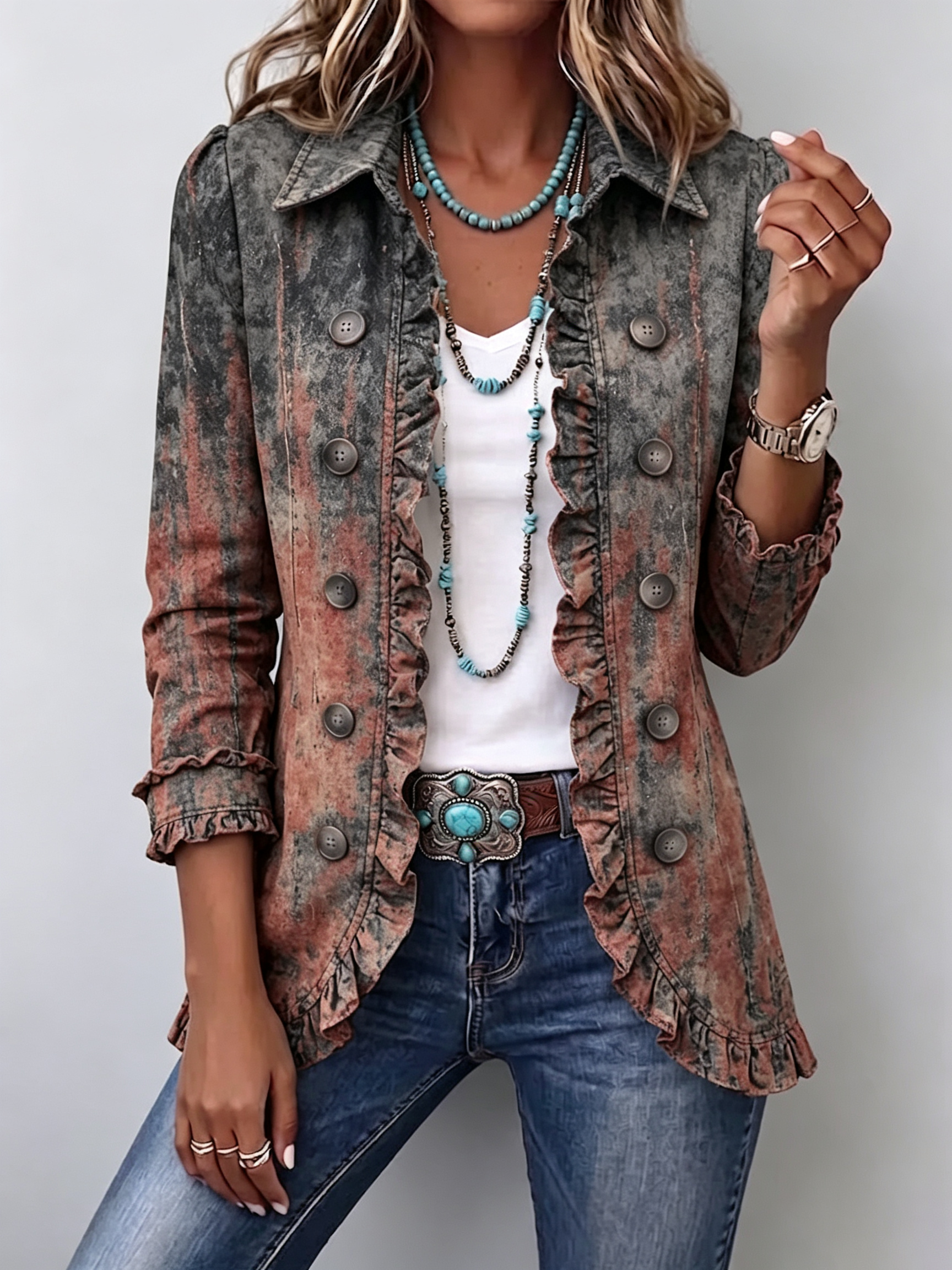 Bristow | Vintage Gradient Textured Print Ruffle Jacket