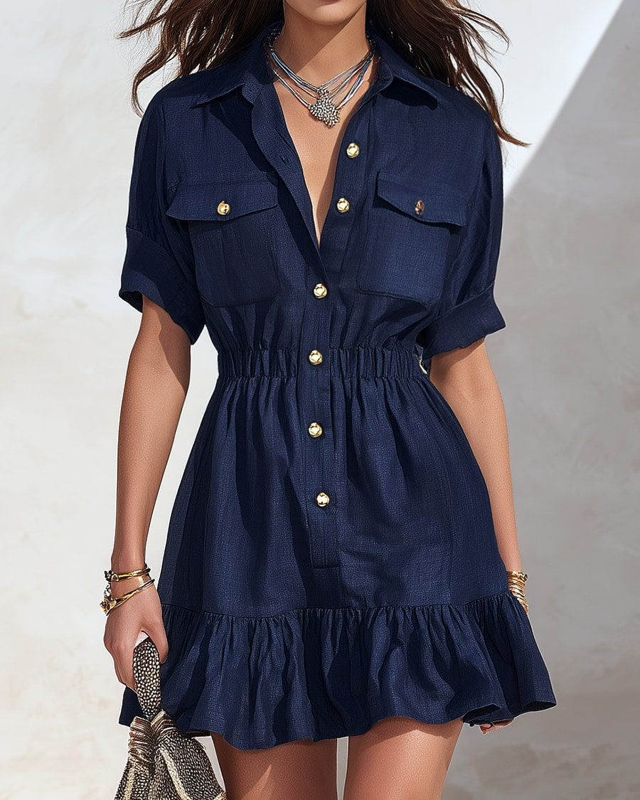 Ortensia | Collared Linen Flared Short Dress
