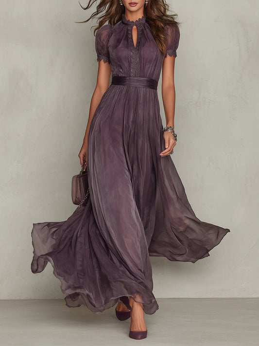 Valentine | Keyhole Neckline Chiffon Lace-Trim Maxi Dress