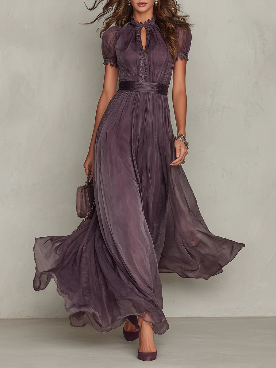 Valentine | Keyhole Neckline Chiffon Lace-Trim Maxi Dress