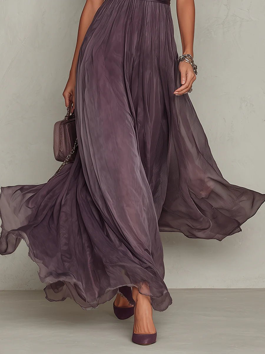 Valentine | Keyhole Neckline Chiffon Lace-Trim Maxi Dress