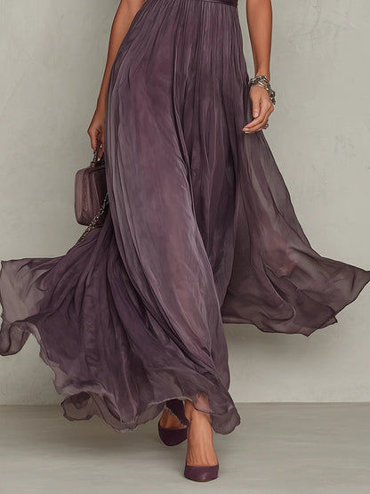 Valentine | Keyhole Neckline Chiffon Lace-Trim Maxi Dress