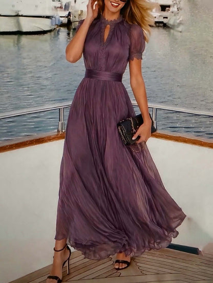 Valentine | Keyhole Neckline Chiffon Lace-Trim Maxi Dress