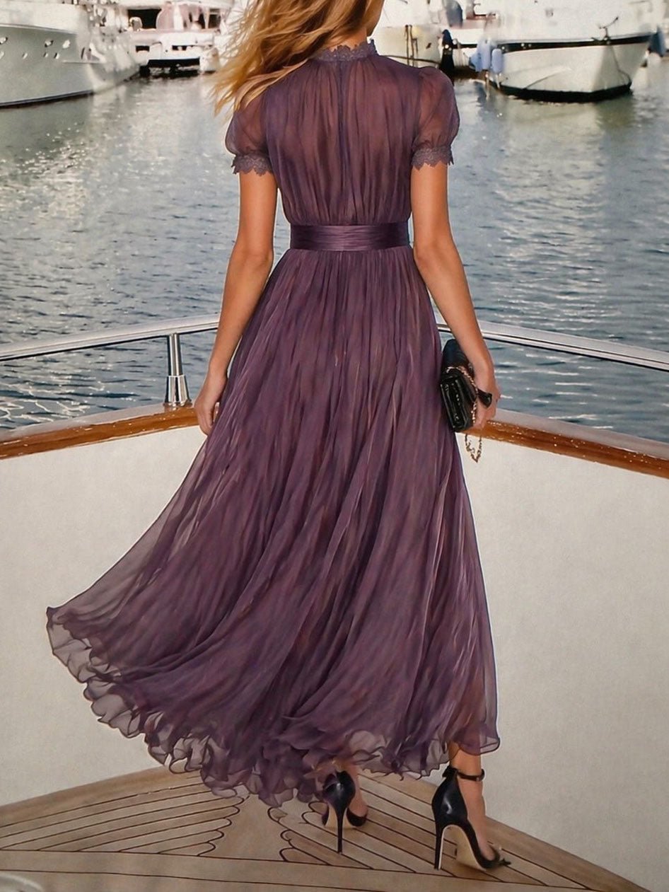 Valentine | Keyhole Neckline Chiffon Lace-Trim Maxi Dress