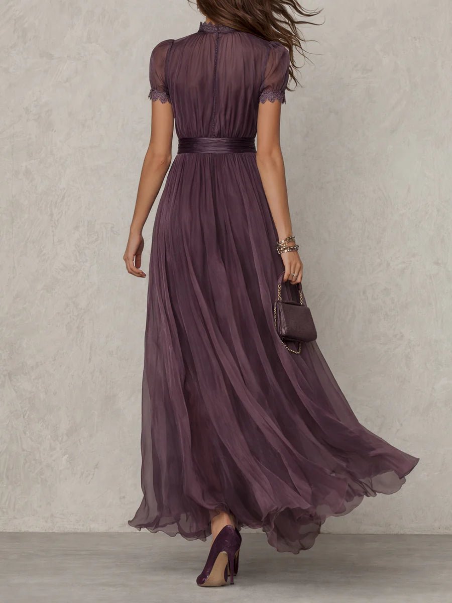 Valentine | Keyhole Neckline Chiffon Lace-Trim Maxi Dress