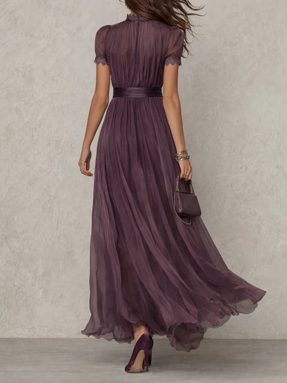 Valentine | Keyhole Neckline Chiffon Lace-Trim Maxi Dress