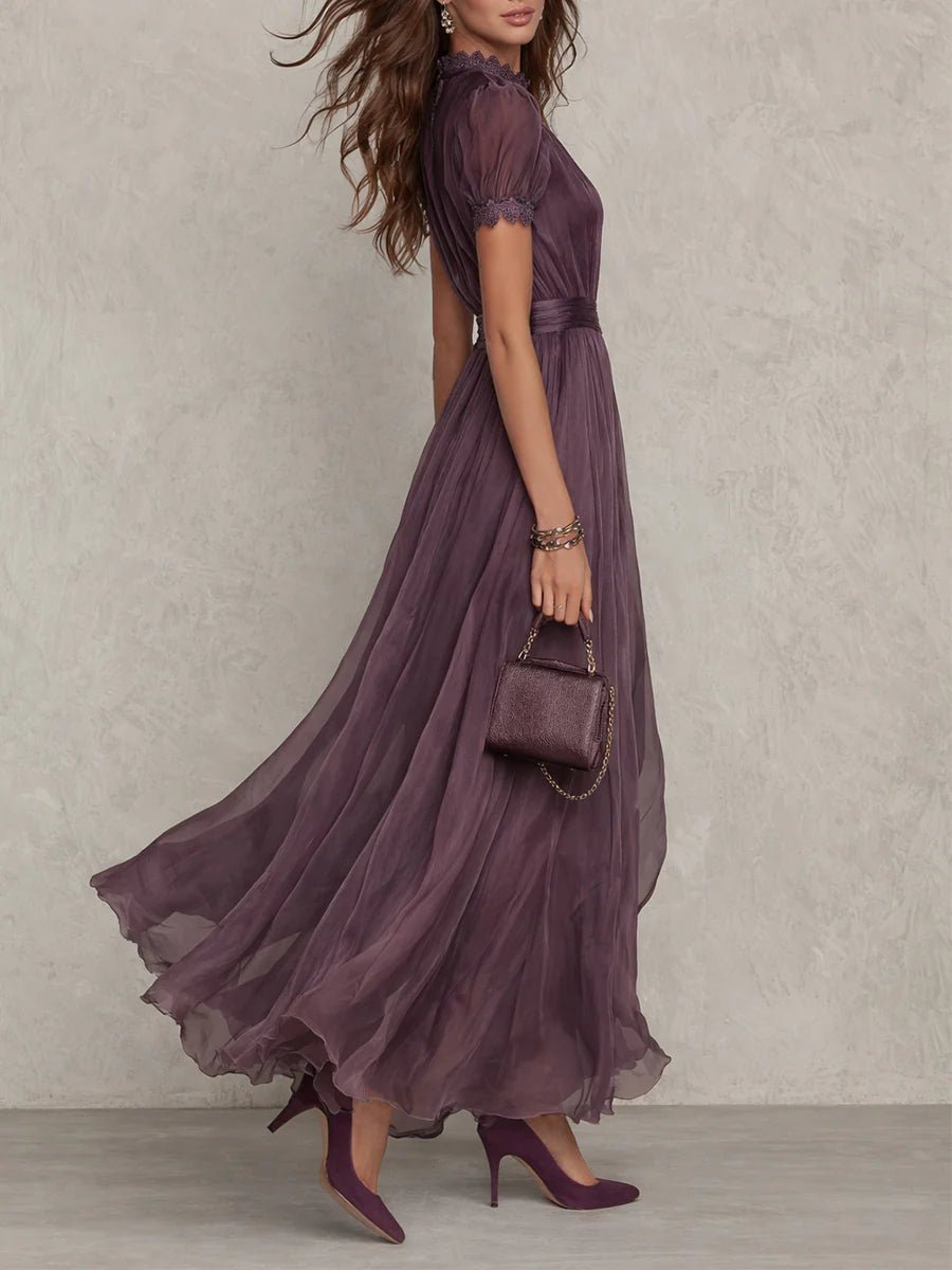 Valentine | Keyhole Neckline Chiffon Lace-Trim Maxi Dress