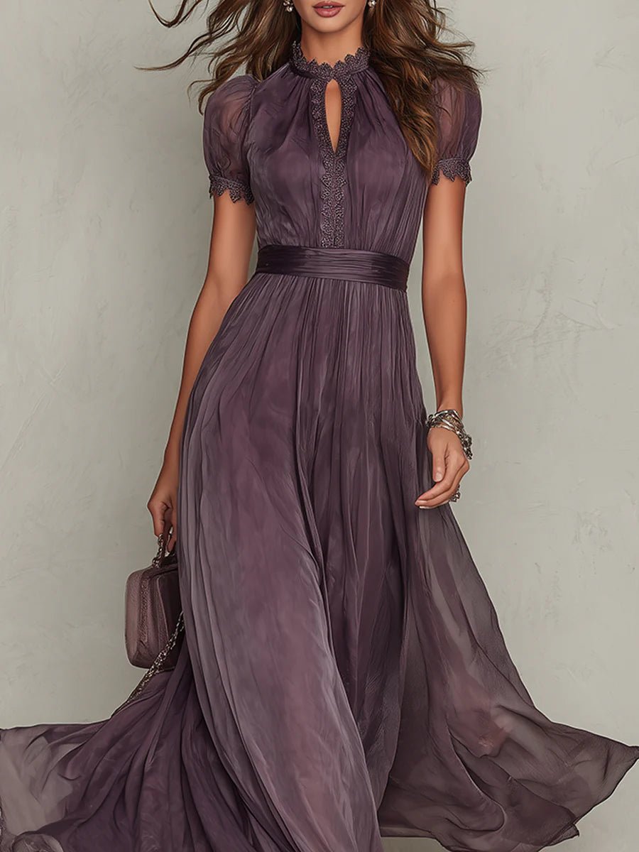 Valentine | Keyhole Neckline Chiffon Lace-Trim Maxi Dress
