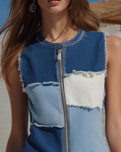 Patchwork | Sleeveless Denim Short Dress