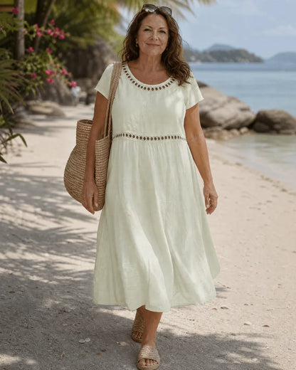 Elin | Embroidered Cotton-Linen Midi Dress