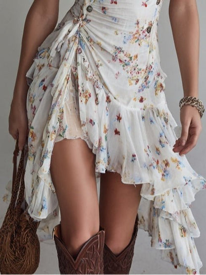 Estelle | Retro Floral V-Neck Spaghetti Strap Mini Dress