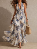 Amélie | Romantic Vacation Floral Halter Ruched Maxi Dress