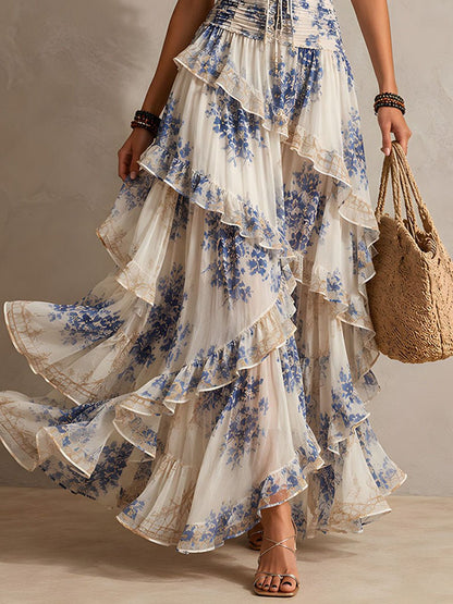 Amélie | Romantic Vacation Floral Halter Ruched Maxi Dress