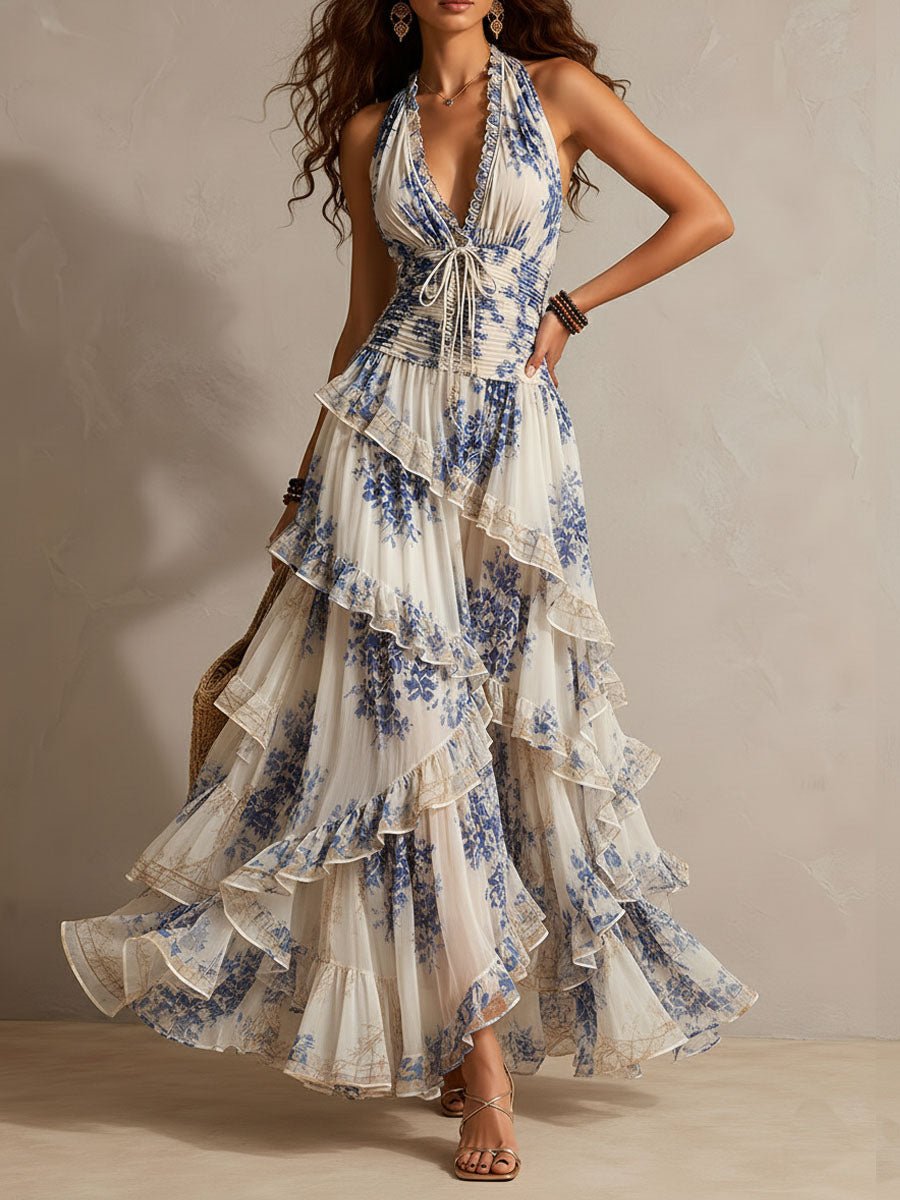 Amélie | Romantic Vacation Floral Halter Ruched Maxi Dress