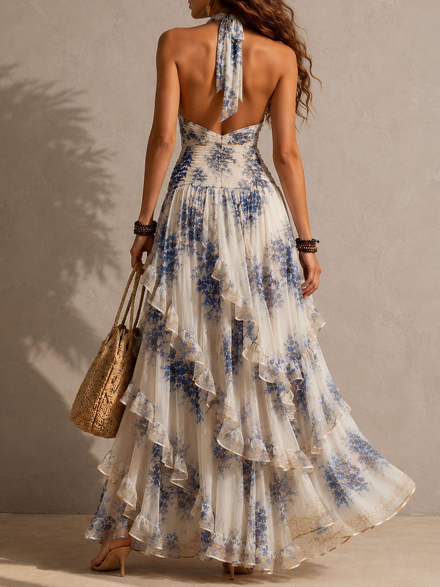 Amélie | Romantic Vacation Floral Halter Ruched Maxi Dress