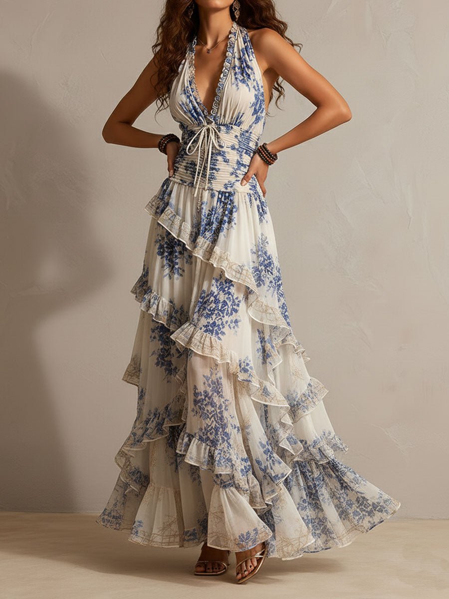 Amélie | Romantic Vacation Floral Halter Ruched Maxi Dress