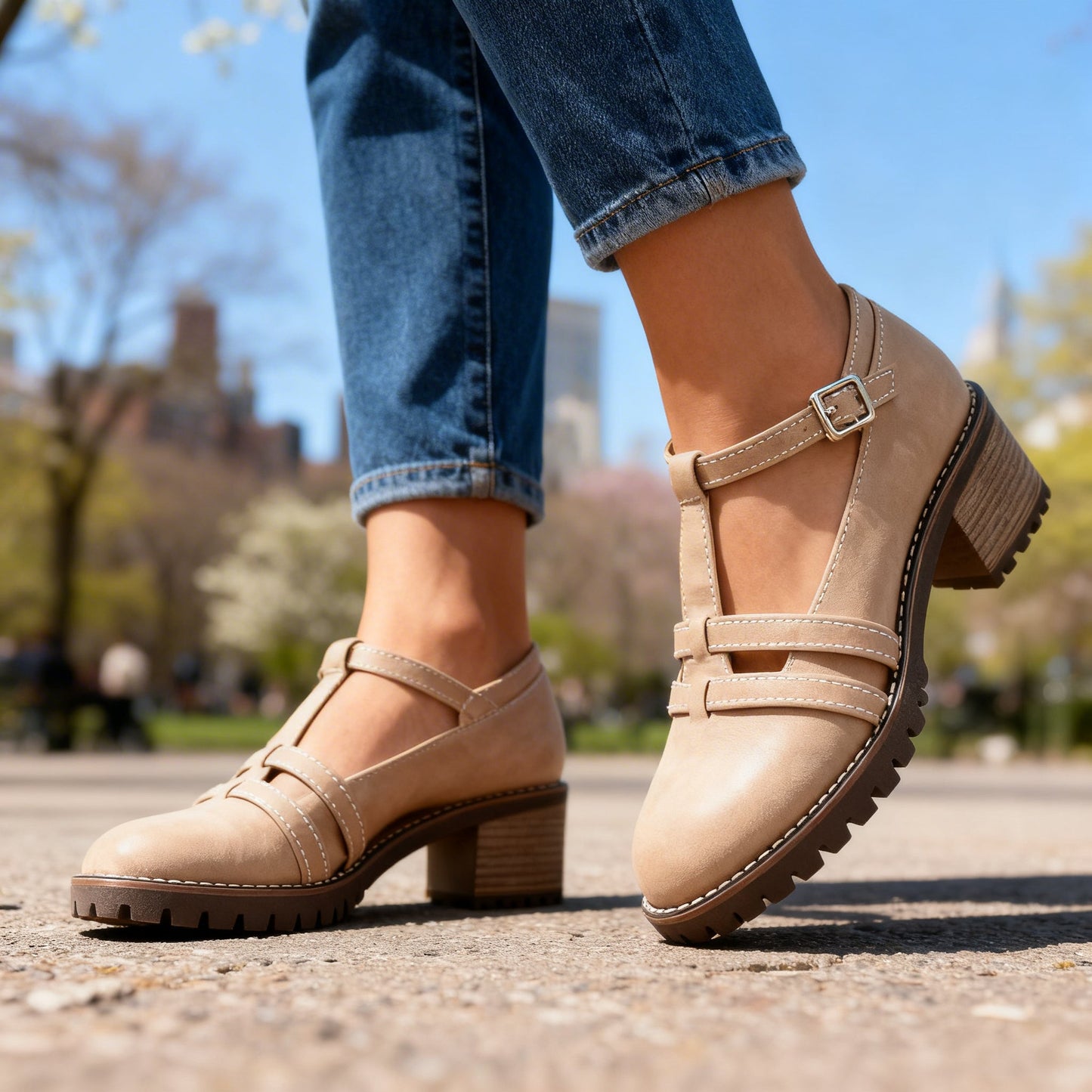 Romilly | Women's T-strap Block Heel Loafer Shoes