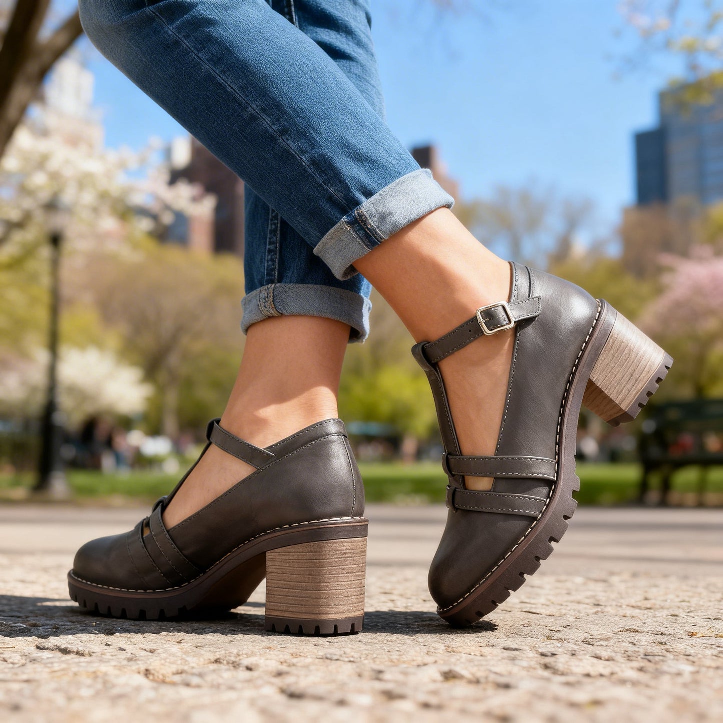 Romilly | Women's T-strap Block Heel Loafer Shoes