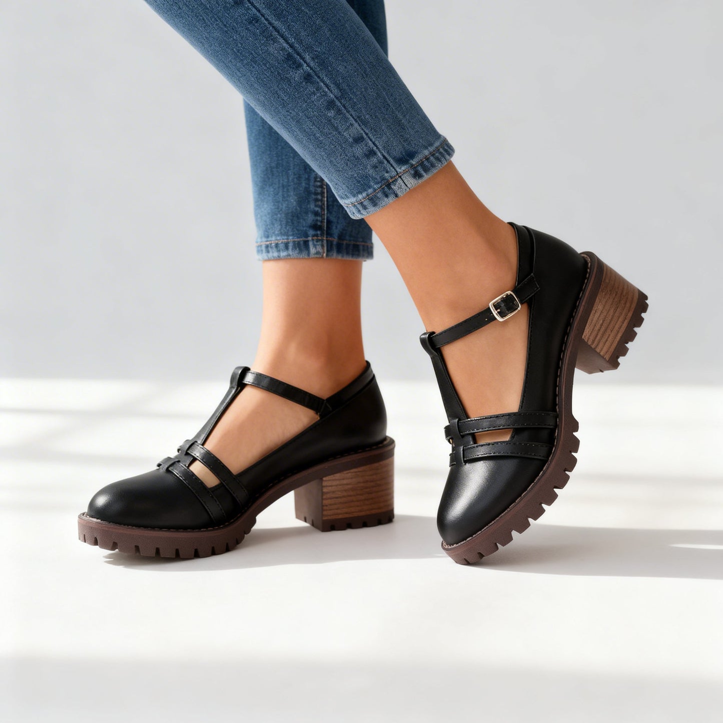 Romilly | Women's T-strap Block Heel Loafer Shoes