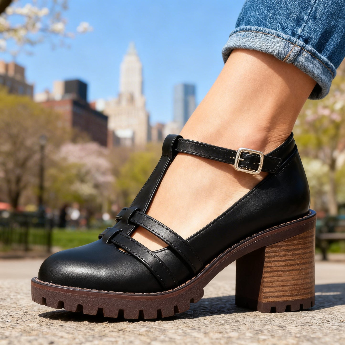 Romilly | Women's T-strap Block Heel Loafer Shoes