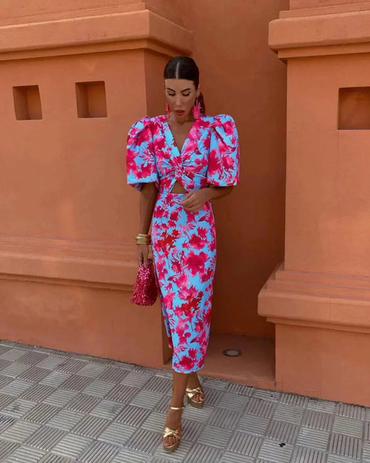 Simona | Trendy Puff-Sleeve Midi Dress