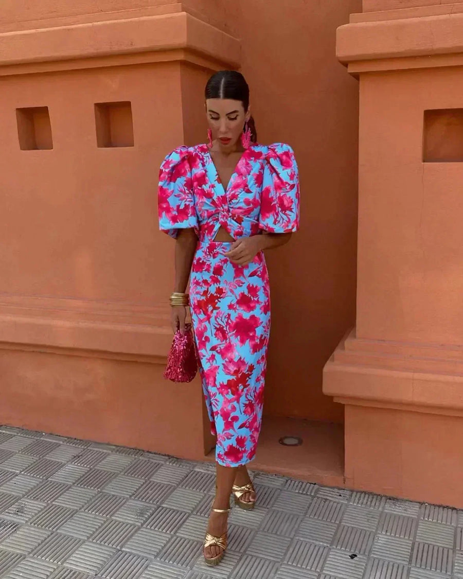 Simona | Trendy Puff-Sleeve Midi Dress