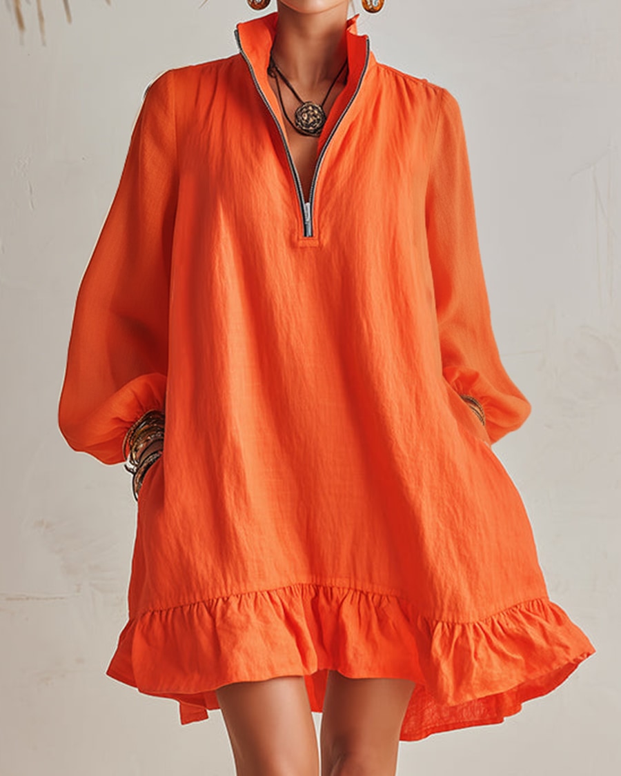 Solaris | Orange Linen-Cotton High-Neck Mini Dress
