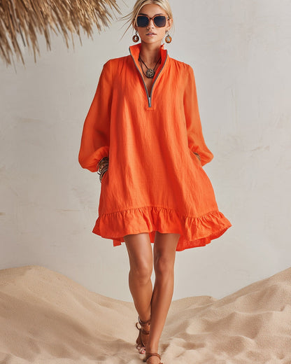 Solaris | Orange Linen-Cotton High-Neck Mini Dress