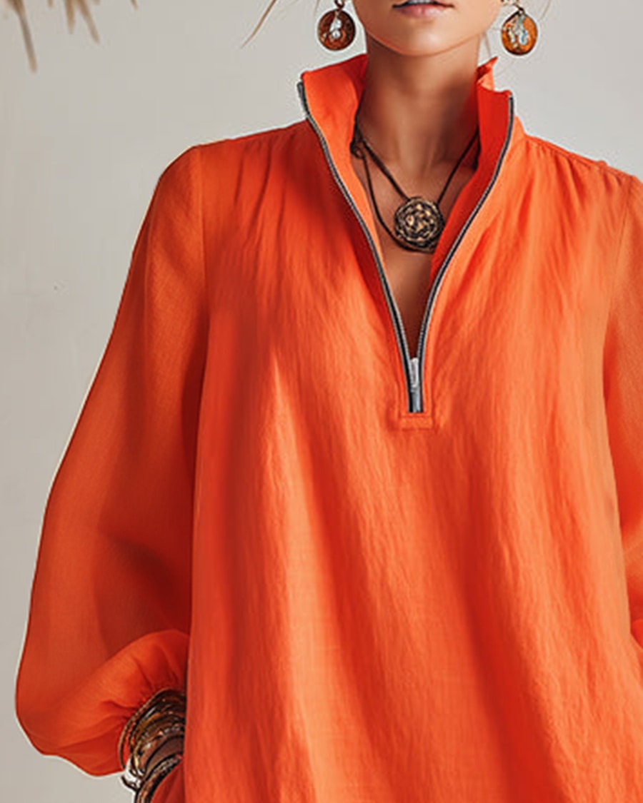 Solaris | Orange Linen-Cotton High-Neck Mini Dress