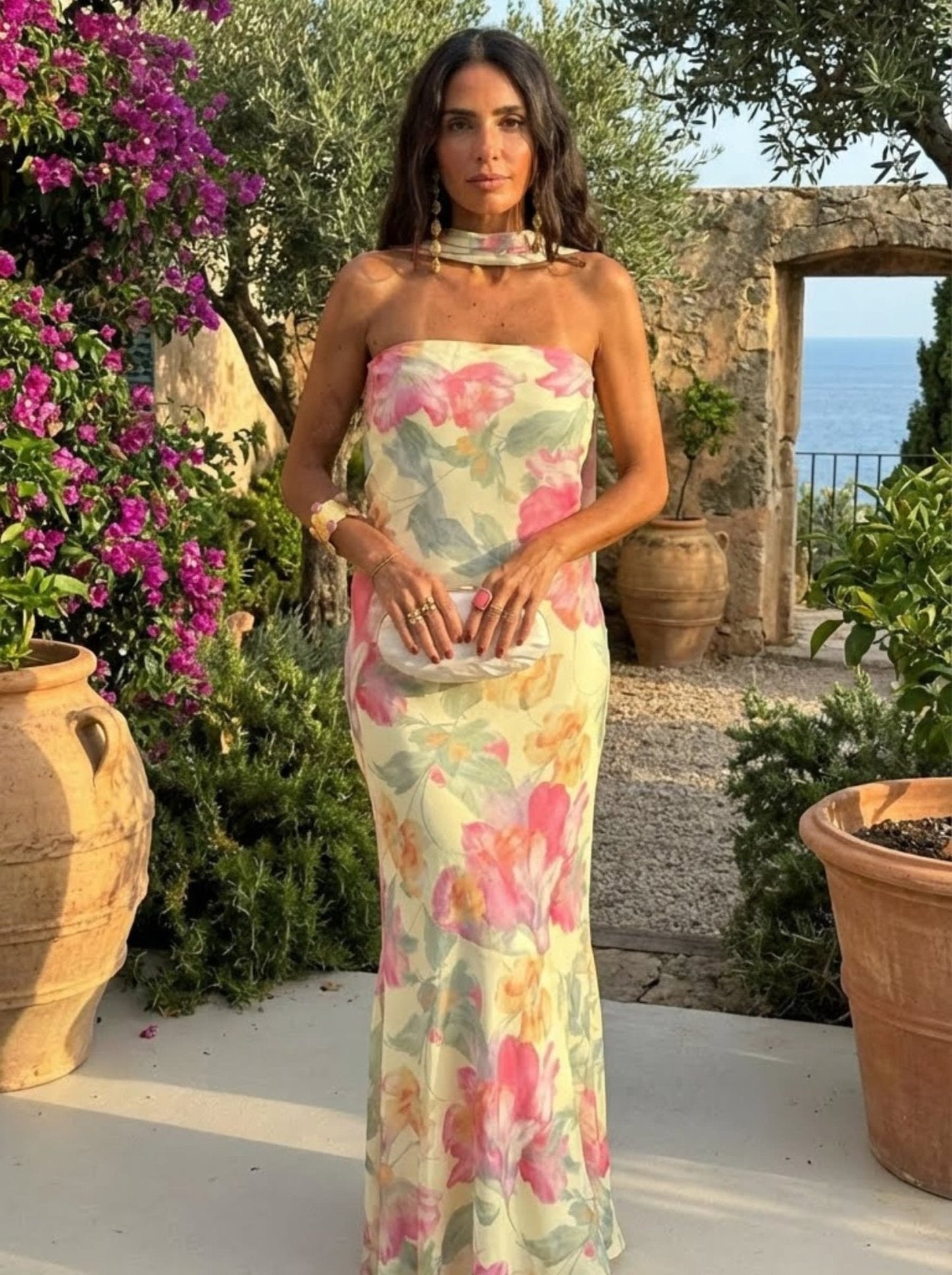 Strapless Watercolor Floral Maxi Dress
