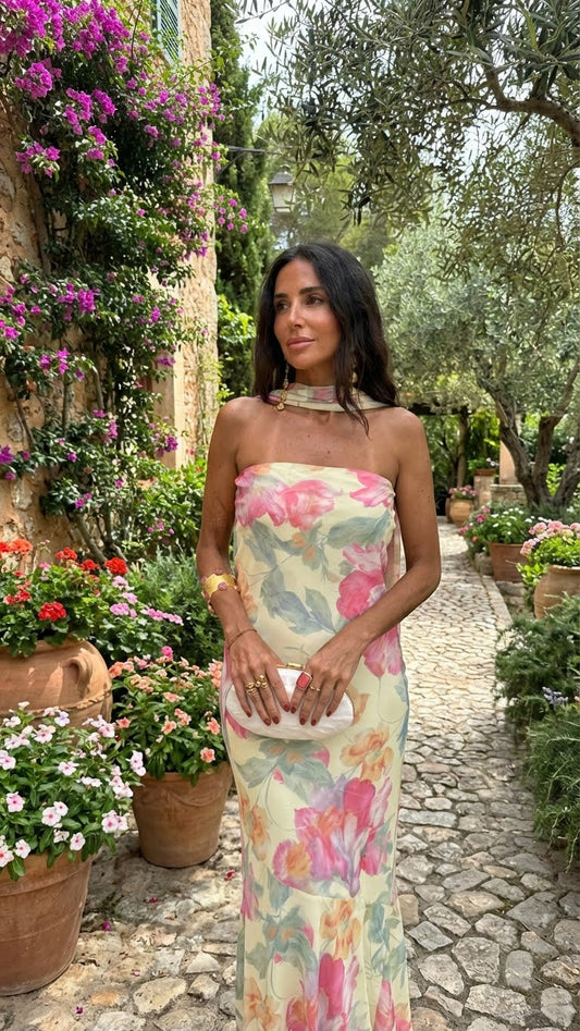 Strapless Watercolor Floral Maxi Dress