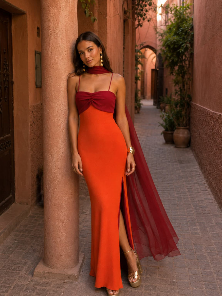 Two-Tone Draped Maxi Dress