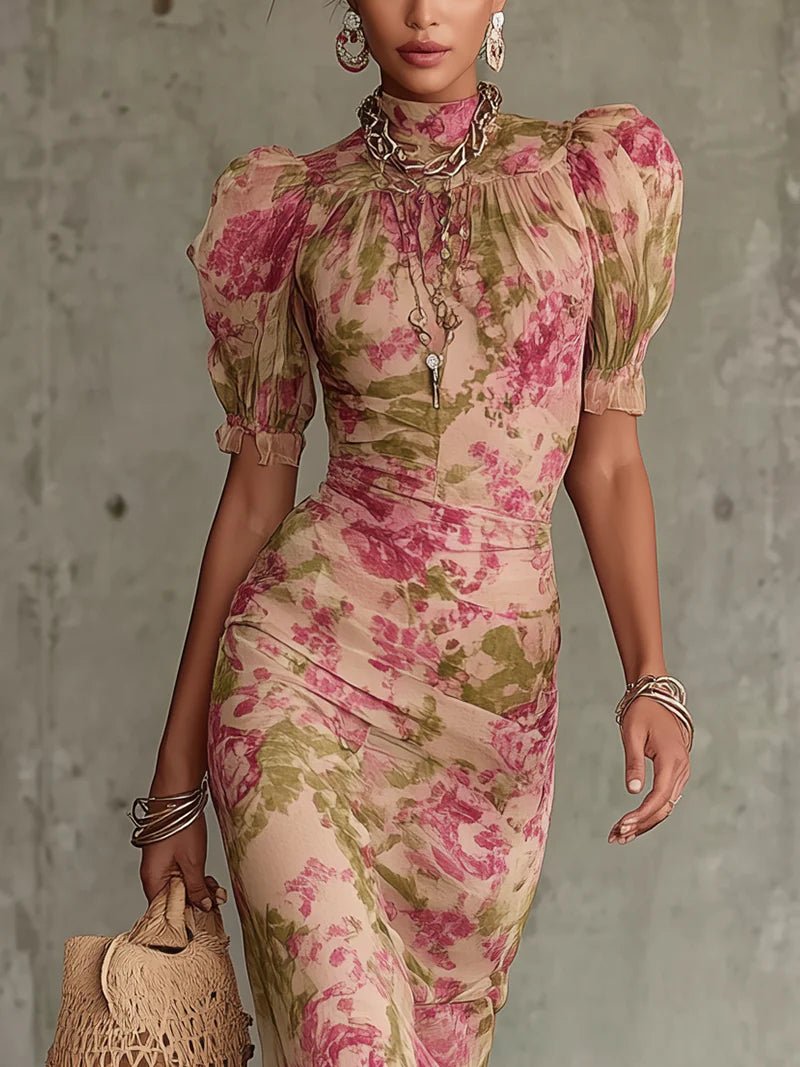 Océane | Vintage Rose Print Puff-Sleeve Maxi Dress (Accessories Not Included)