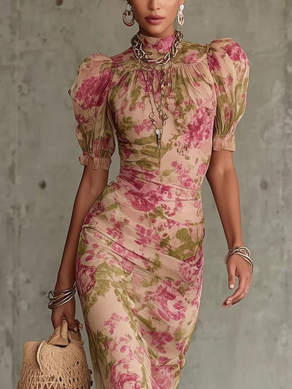 Océane | Vintage Rose Print Puff-Sleeve Maxi Dress (Accessories Not Included)