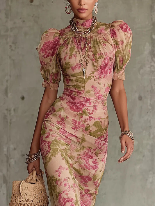 Océane | Vintage Rose Print Puff-Sleeve Maxi Dress (Accessories Not Included)