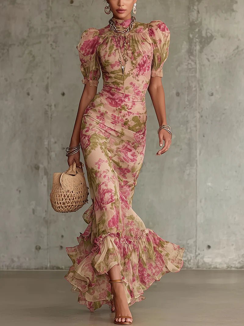 Océane | Vintage Rose Print Puff-Sleeve Maxi Dress (Accessories Not Included)
