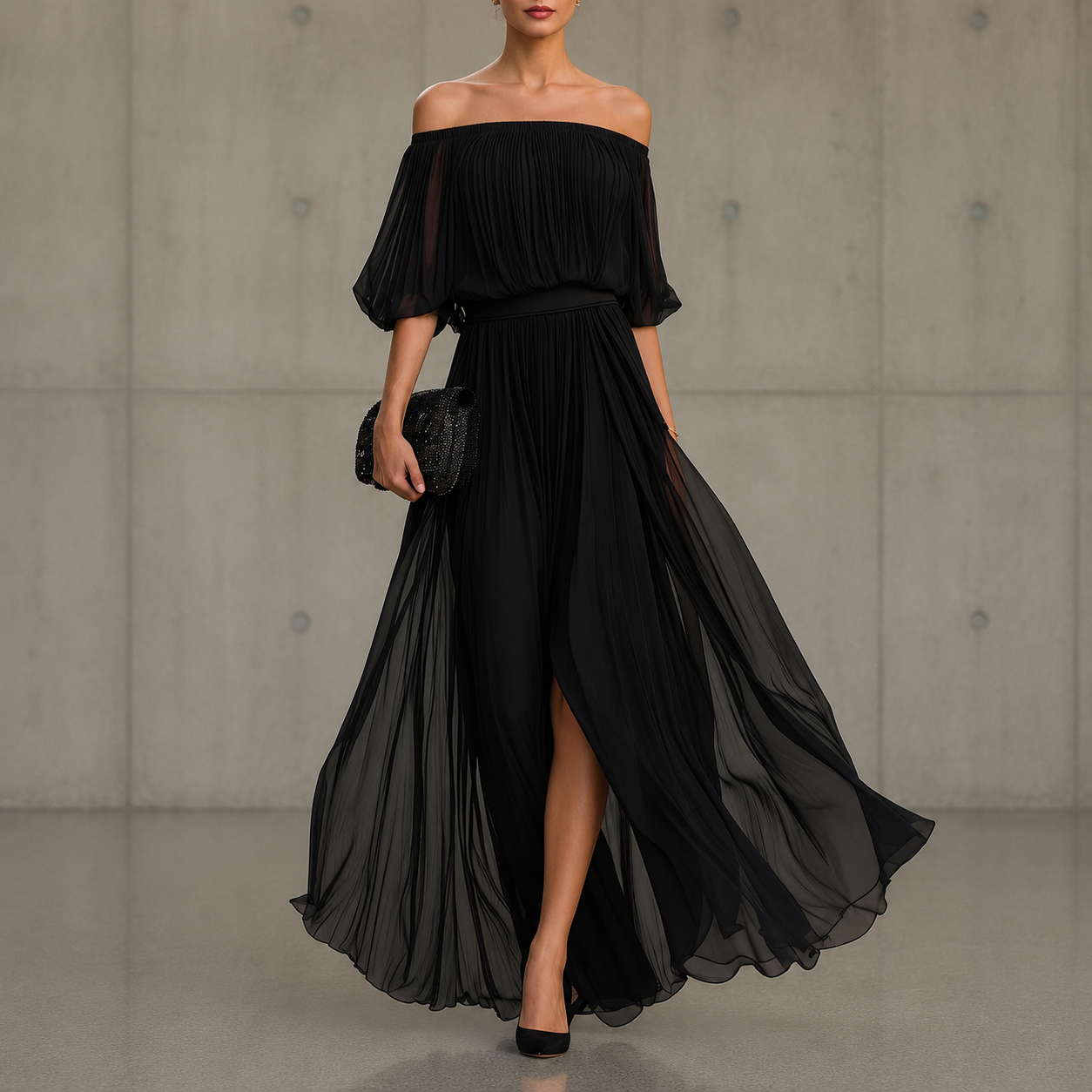 Genevieve | Off-shoulder Chiffon Dress with Ruched Skirt and Side Slit