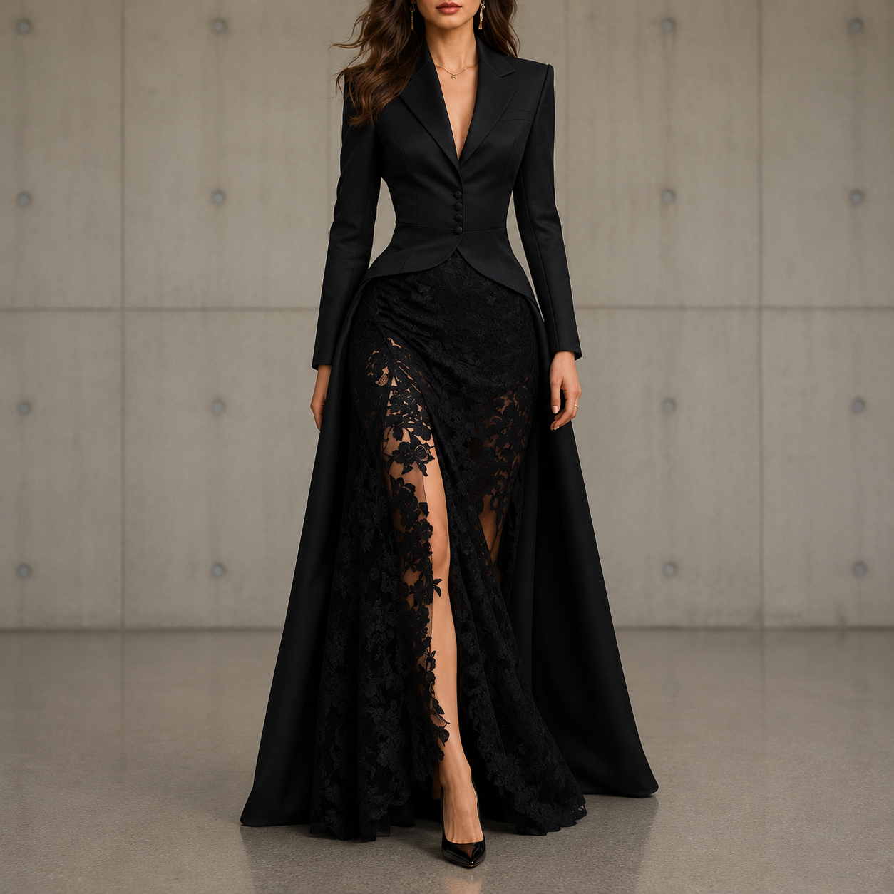 Adeline | Black Two-piece Lace Dress with Cutout Waist and Side Slit