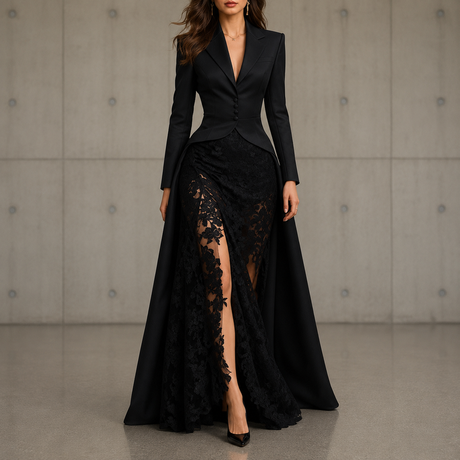 Adeline | Black Two-piece Lace Dress with Cutout Waist and Side Slit