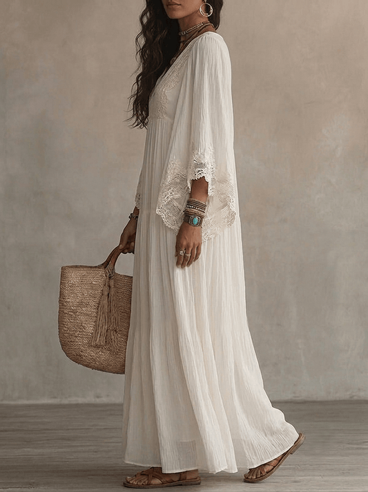 Clémence | Lace V-Neck Batwing Sleeve Chiffon Maxi Dress