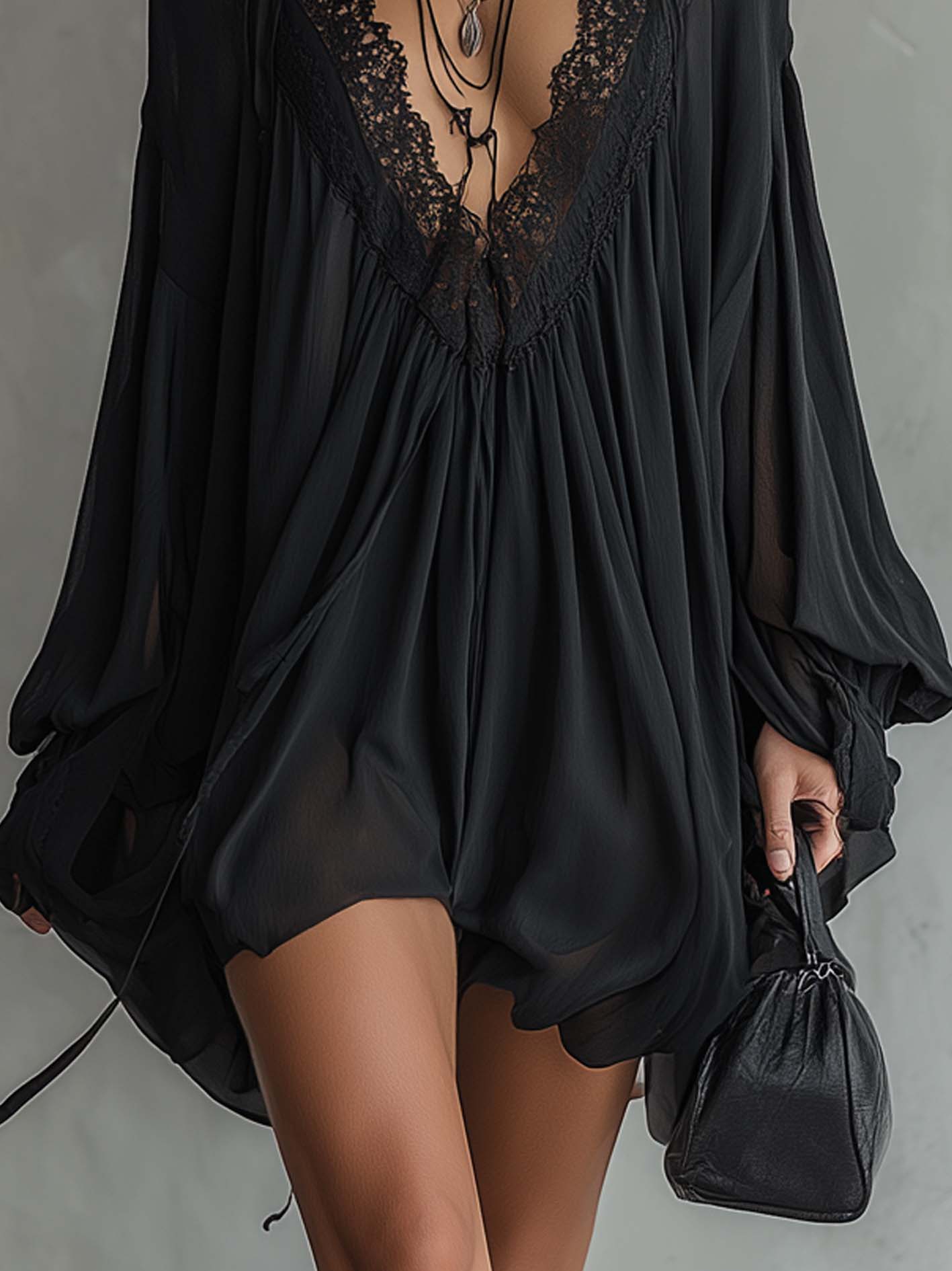 Margaux | Chiffon Halter Mini Dress with Lace Neckline