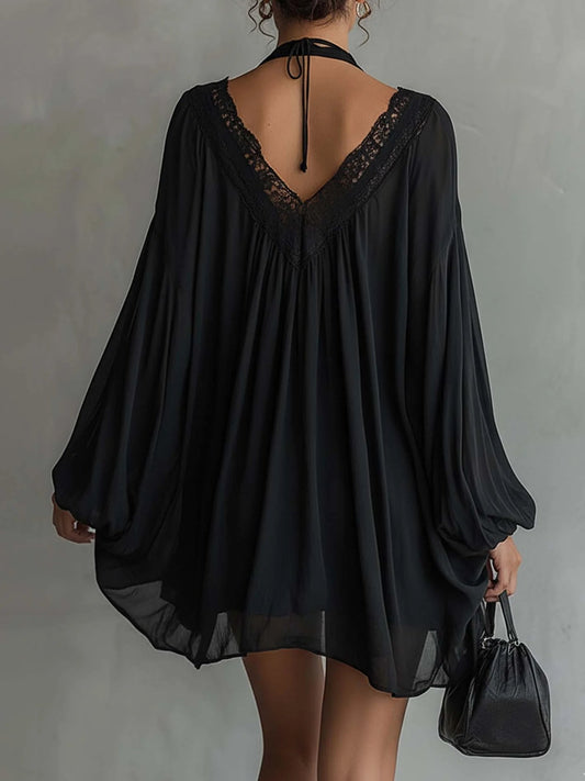 Margaux | Chiffon Halter Mini Dress with Lace Neckline