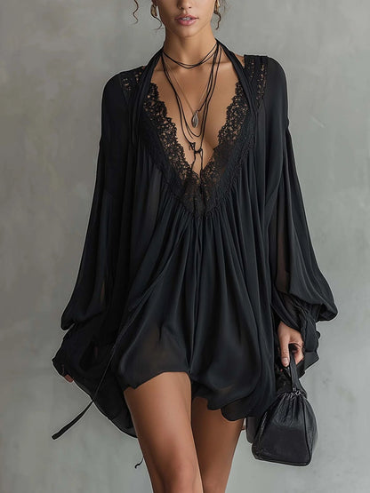 Margaux | Chiffon Halter Mini Dress with Lace Neckline