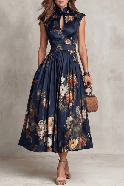 Rosalie | Keyhole Collar Floral Pleated Satin Midi Dress