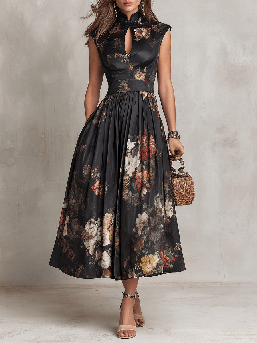 Rosalie | Keyhole Collar Floral Pleated Satin Midi Dress