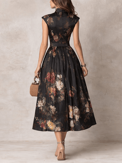Rosalie | Keyhole Collar Floral Pleated Satin Midi Dress